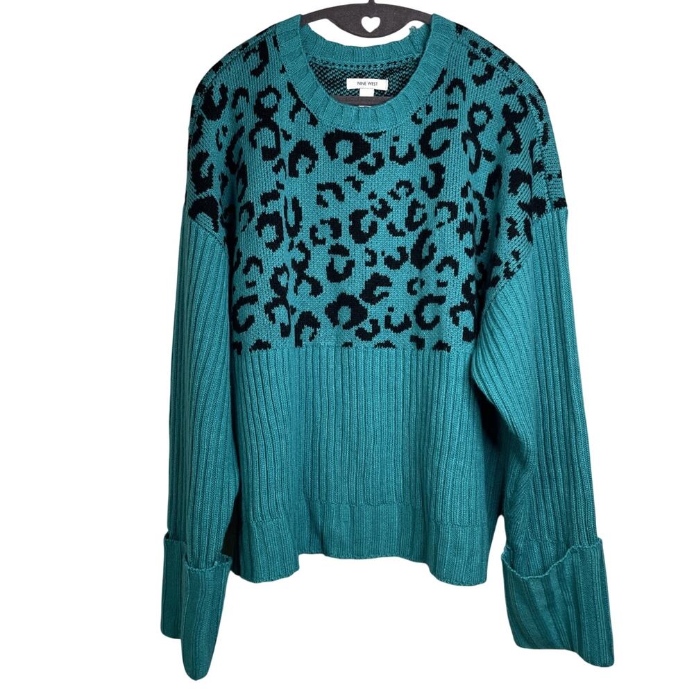 NINE WEST Women’s Knit Crewneck Pullover Sweater Size XL - Teal/Animal Print